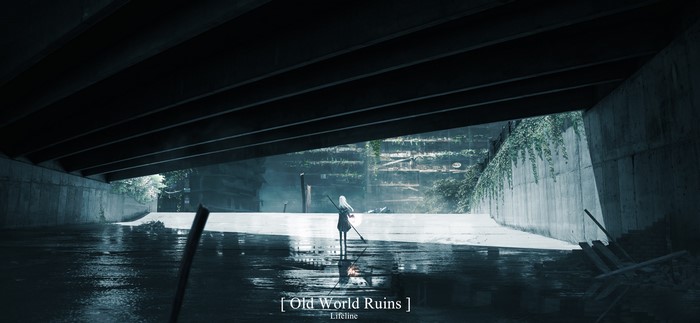 Anime girl with a pole in a ruined city canal