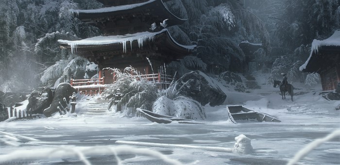 Snowy temple with a person on horseback in Ghost of Tsushima