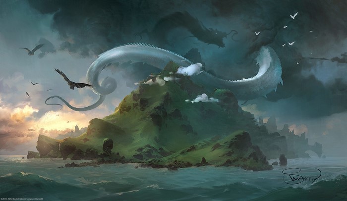 Fantasy island with a dragon and birds by Svetlin Velinov