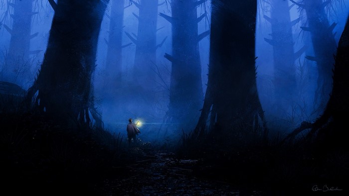 A person with a lantern in a dark, foggy forest