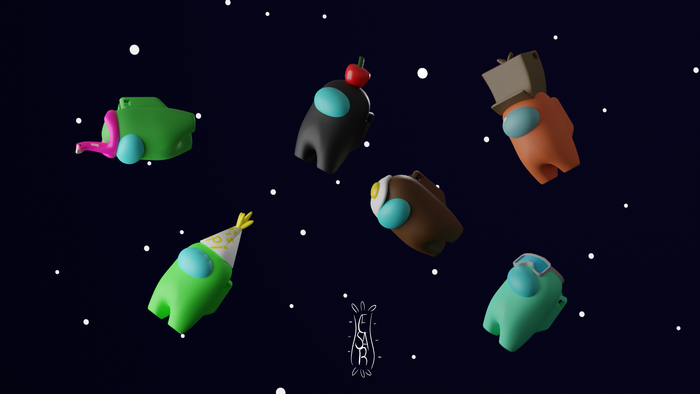 Among Us characters in space with party hats and accessories