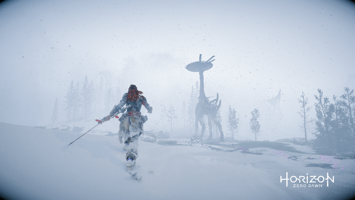 Aloy from Horizon Zero Dawn in a snowy landscape