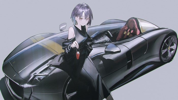 Anime girl with black dress and red keychain by a sports car