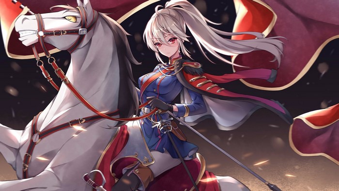 Anime girl with gray hair and red eyes on a horse