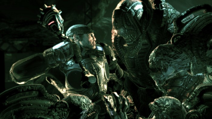 Marcus Fenix from Gears of War fighting creatures