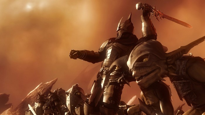 Armored knight fighting goblins in a desolate landscape
