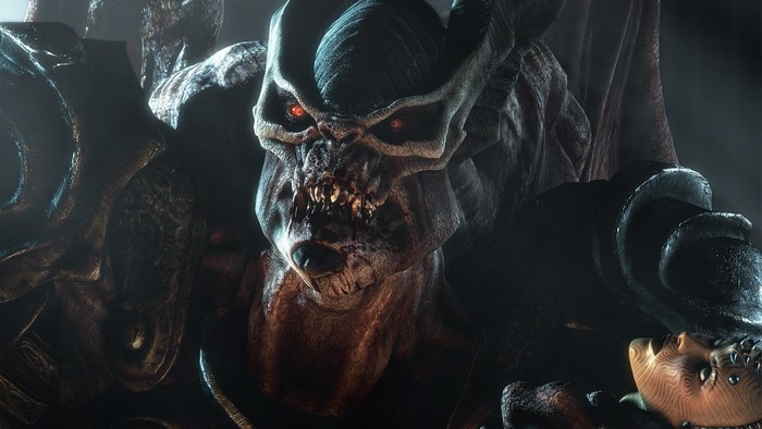 Demon with glowing red eyes and horns