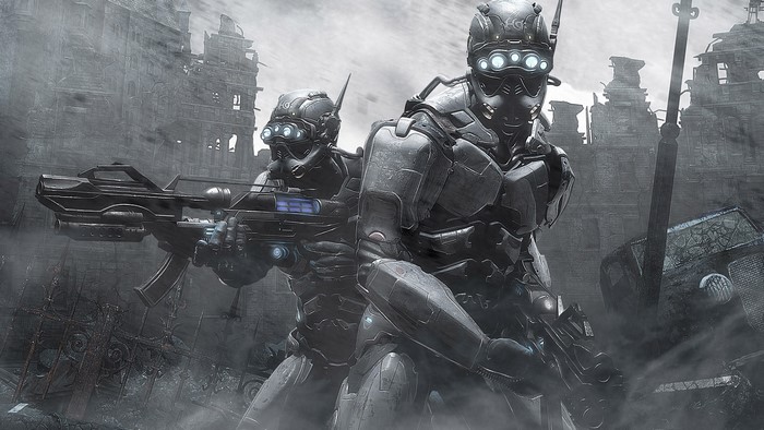 Two futuristic soldiers in a ruined city