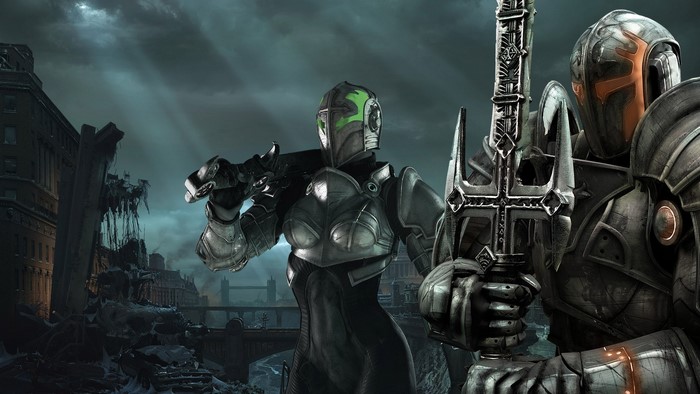 Two armored warriors with swords in a ruined city