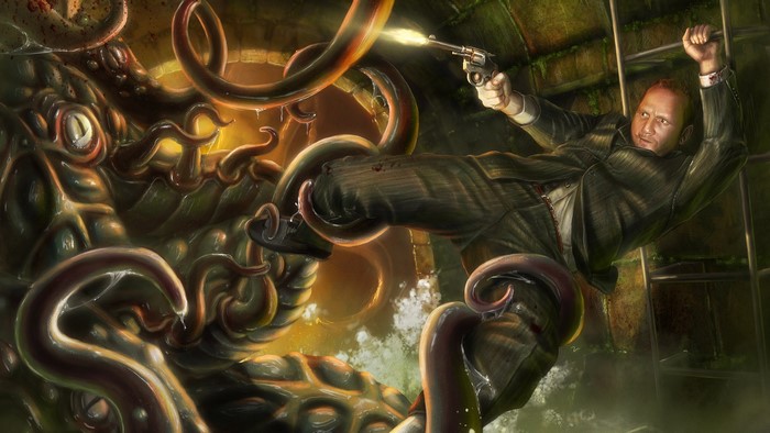 Man fighting a creature with tentacles
