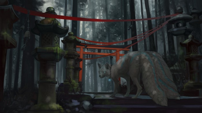 Fantasy fox in a Japanese forest with torii gate