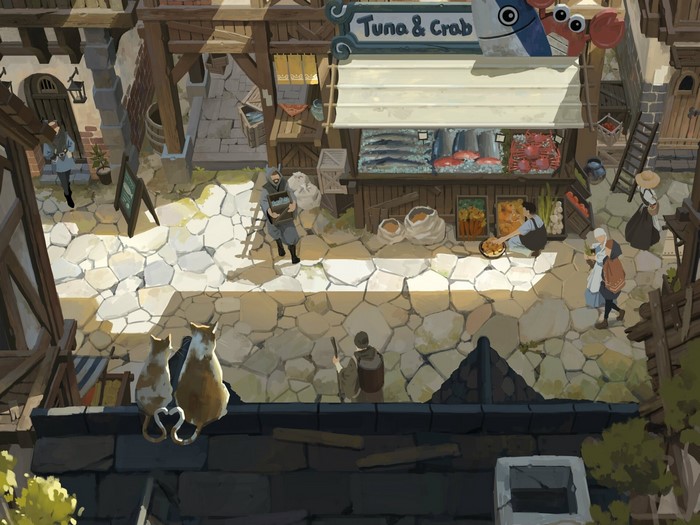 Fantasy town market with tuna and crab stall and cats
