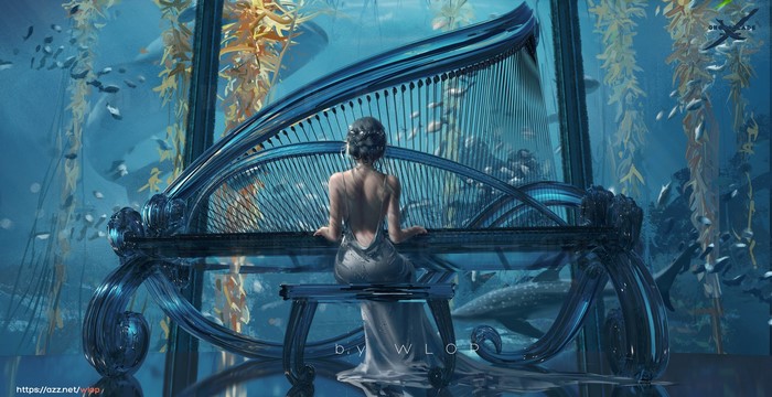 Woman playing a harp in an aquarium