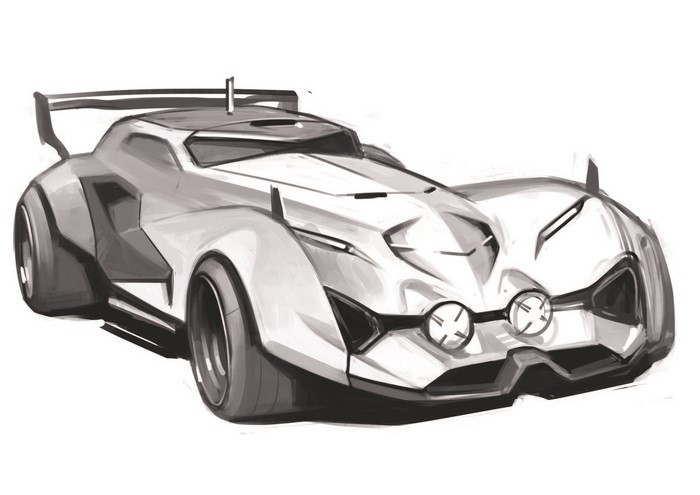 Monochrome concept art of a futuristic sports car