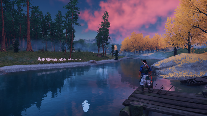 Ghost of Tsushima: Samurai by a lake at sunset
