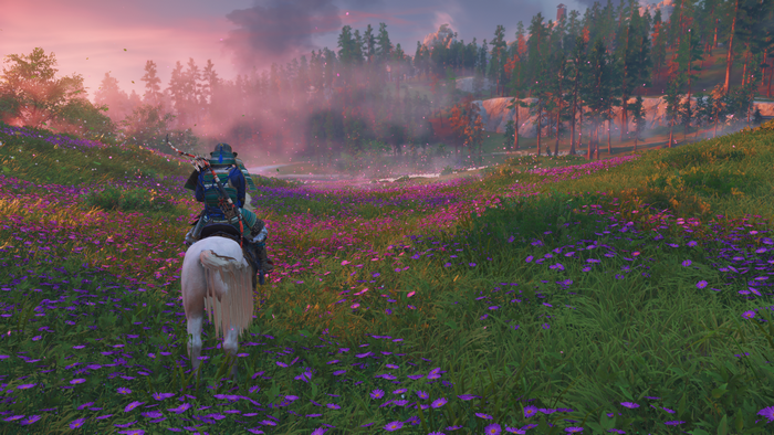 Ghost of Tsushima: Samurai on horseback in a flower field