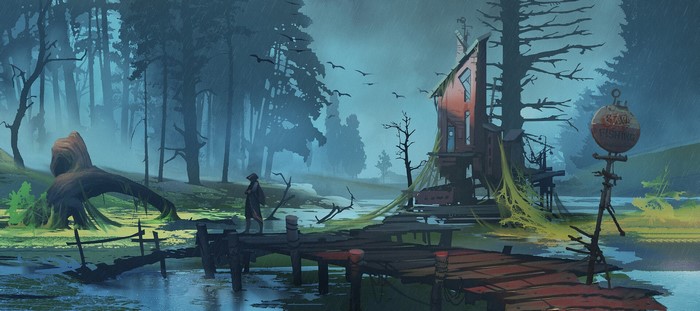 Person on a dock in a swampy forest
