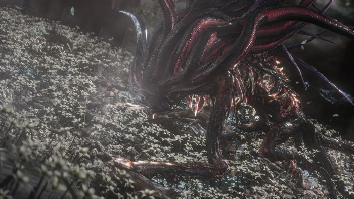 Bloodborne creature in a field of flowers