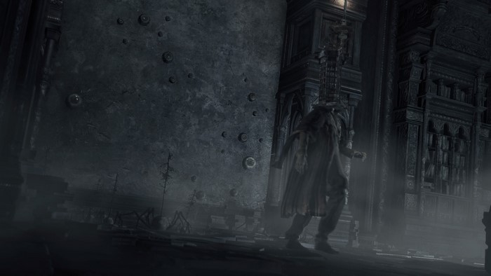Bloodborne character in a dark, gothic environment