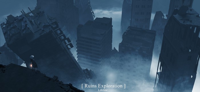 Girl with lantern in ruined city