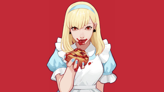 Alice in Wonderland character eating cherry pie