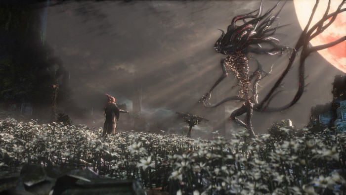 Bloodborne: The Hunter faces a Great One in a field of flowers