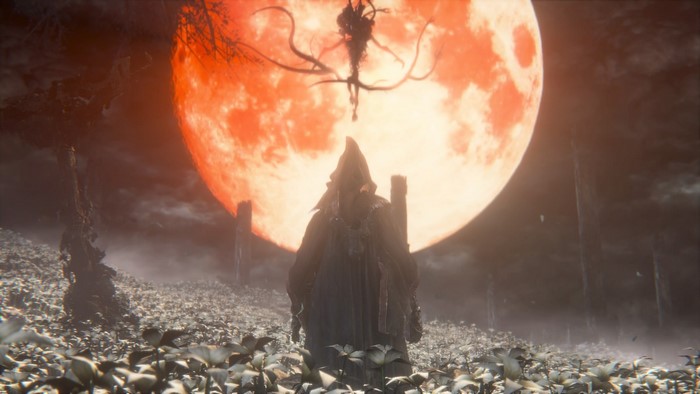 Bloodborne screenshot with a figure and a blood moon