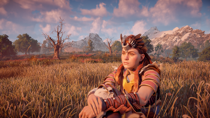 Aloy from Horizon Zero Dawn sitting in a field