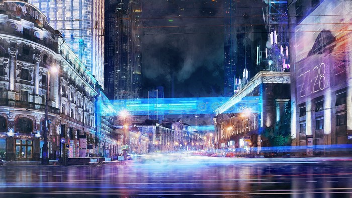 Futuristic Cityscape at Night with Digital Overlays