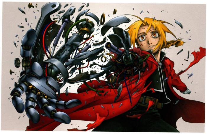 Edward Elric from Fullmetal Alchemist with a damaged automail arm