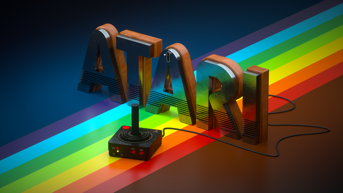 Atari logo with joystick and rainbow stripes