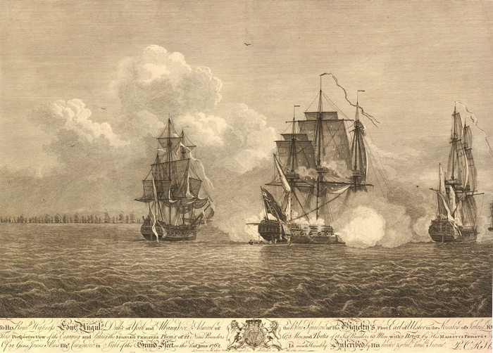 Naval Battle Engraving of Spanish Frigates and British Fleet