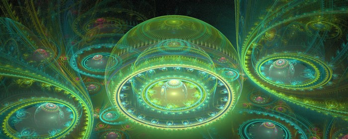 Abstract fractal render with green and blue mechanical spheres
