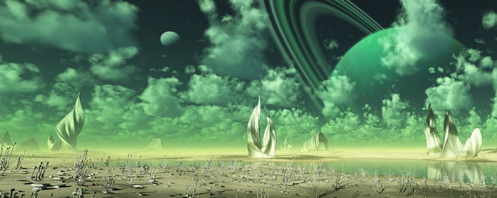Alien world with strange rock formations and a ringed planet