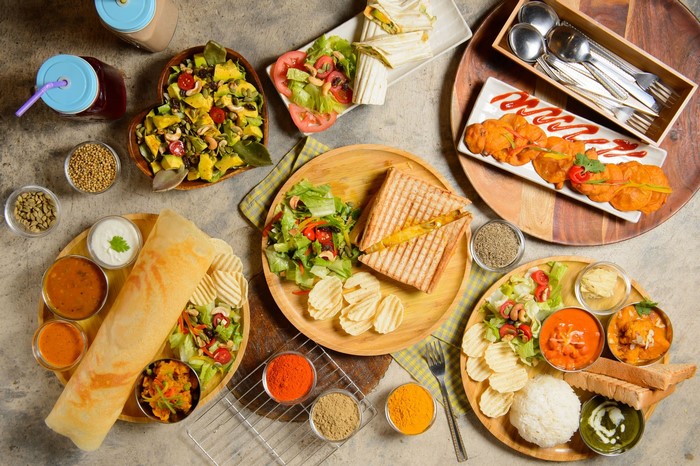 Assortment of Indian and Western Dishes with Spices