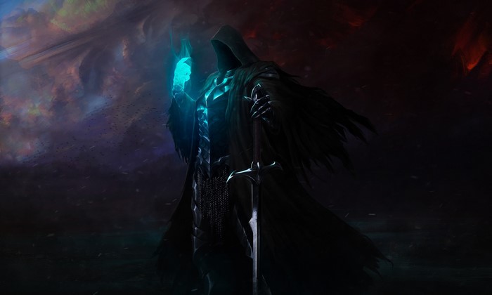 Dark figure with glowing hand and sword