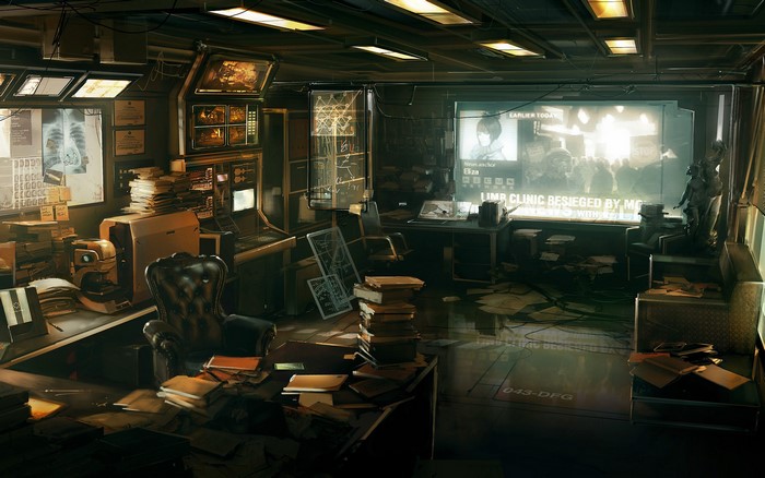 Deus Ex: Human Revolution office with monitors and papers