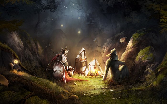 Characters from Trine camping in a forest