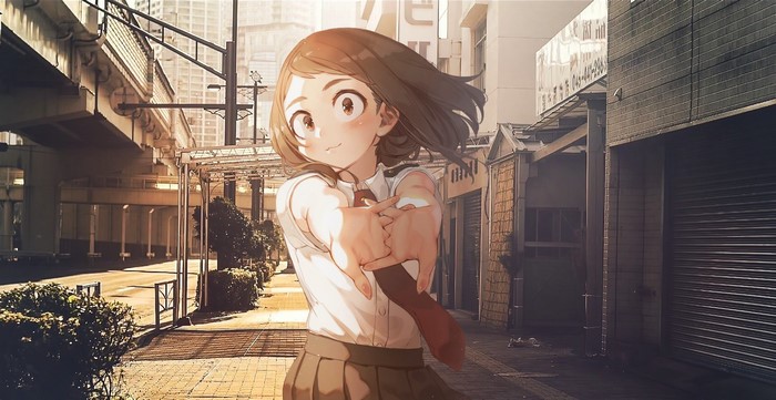 Ochako Uraraka from My Hero Academia in a city