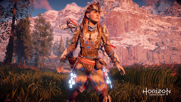 Aloy from Horizon Zero Dawn in a snowy mountain landscape