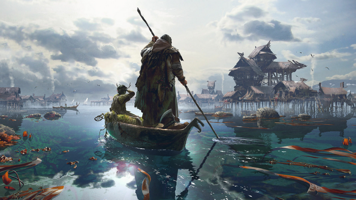 Man in boat with spear in a fantasy village
