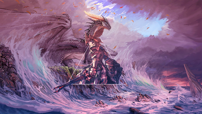 Dragon and knight in stormy seas from Monster Hunter: World