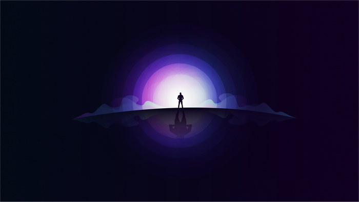 Silhouette of a person against a glowing purple and white circle