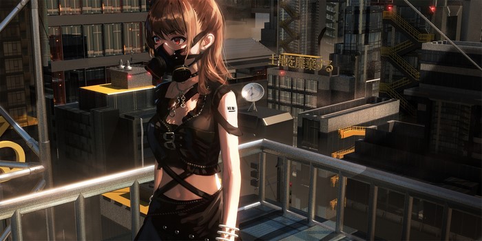 Anime girl with gas mask on rooftop