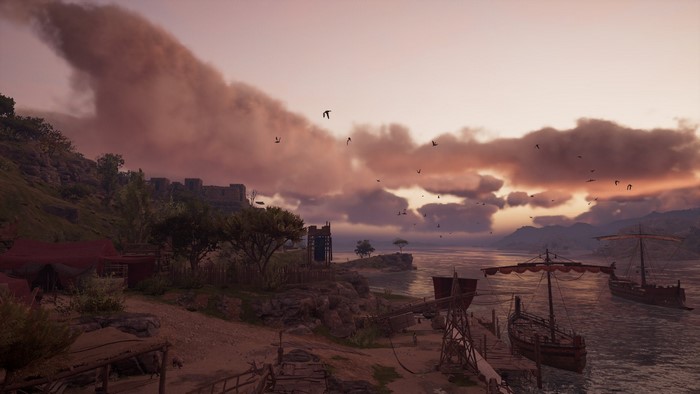 Assassin's Creed: Odyssey screenshot of a harbor at sunset