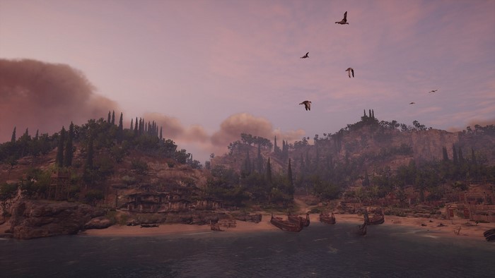 Assassin's Creed Odyssey screenshot with birds and boats