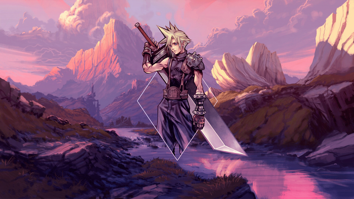 Cloud Strife from Final Fantasy with a large sword in a mountain landscape