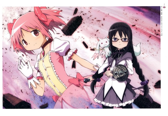 Madoka Magica: Kaname Madoka and Akemi Homura with Kyubey