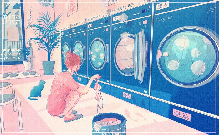 Girl doing laundry with jellyfish in washing machines