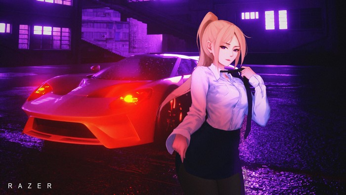 Anime girl with tie and sports car by Razer